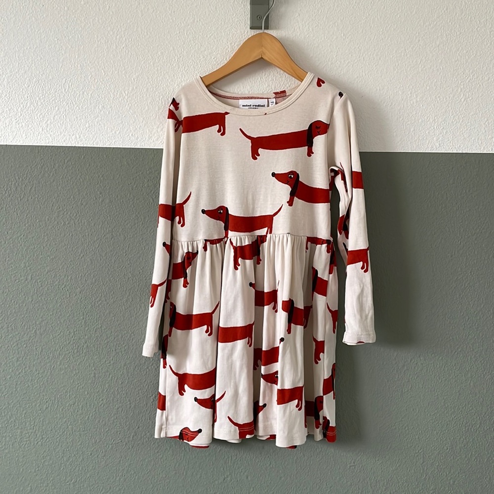 Mini Rodini Cream Dress with Red Dachshund Print